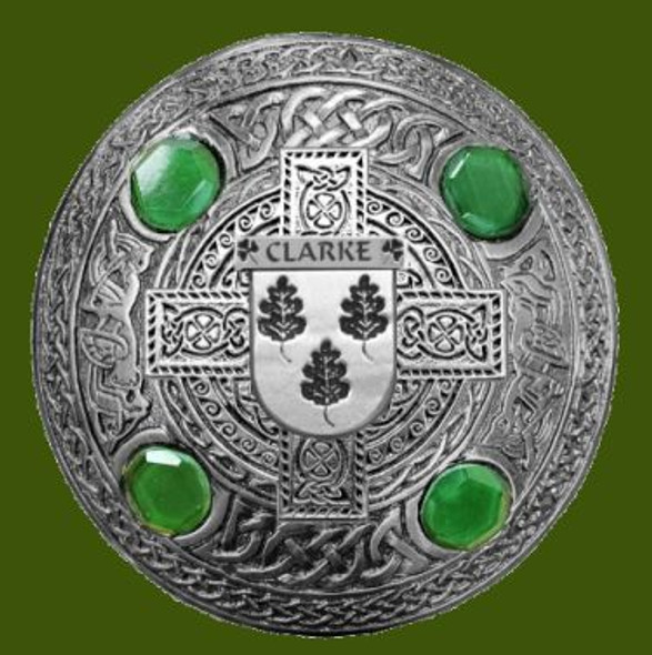 Clarke Irish Coat Of Arms Celtic Round Green Stones Pewter Plaid Brooch