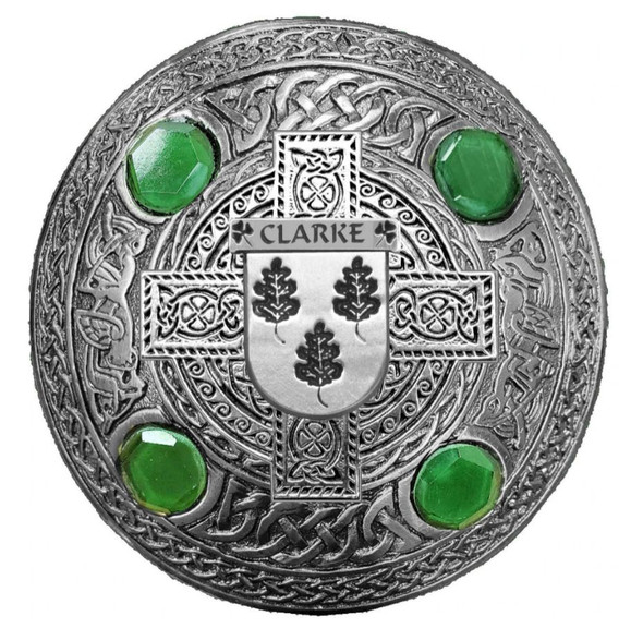 Clarke Irish Coat Of Arms Celtic Round Green Stones Pewter Plaid Brooch