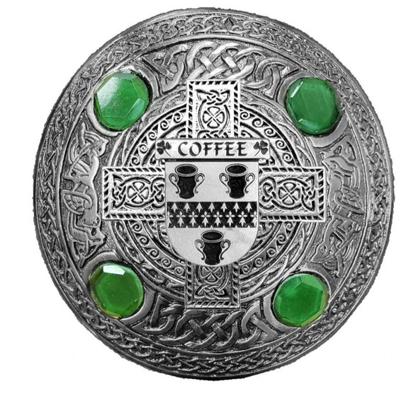 Coffee Irish Coat Of Arms Celtic Round Green Stones Pewter Plaid Brooch