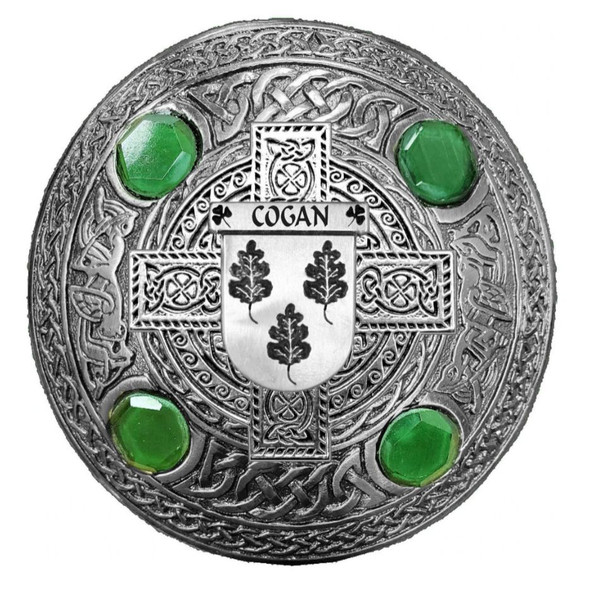 Cogan Irish Coat Of Arms Celtic Round Green Stones Pewter Plaid Brooch