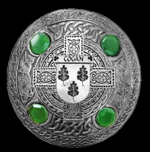 Cogan Irish Coat Of Arms Celtic Round Green Stones Silver Plaid Brooch
