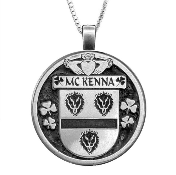 McKenna Irish Coat Of Arms Claddagh Round Silver Family Crest Pendant