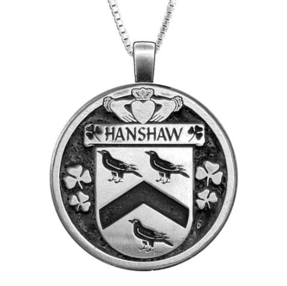 Hanshaw Irish Coat Of Arms Claddagh Round Silver Family Crest Pendant