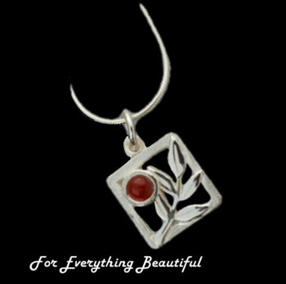 Rowan Tree Leaf Square Cornelian Small Sterling Silver Pendant