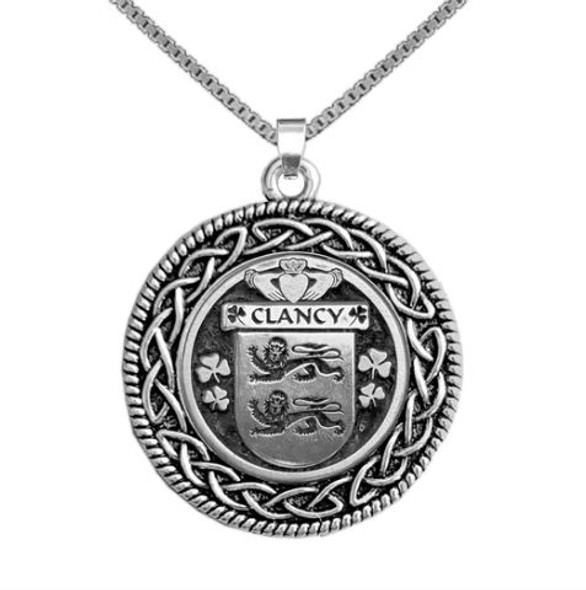 Clancy Irish Coat Of Arms Interlace Round Pewter Family Crest Pendant