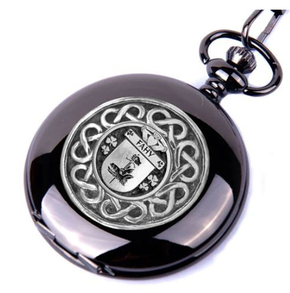 Fahy Irish Coat Of Arms Silver Family Crest Black Hunter Pocket Watch