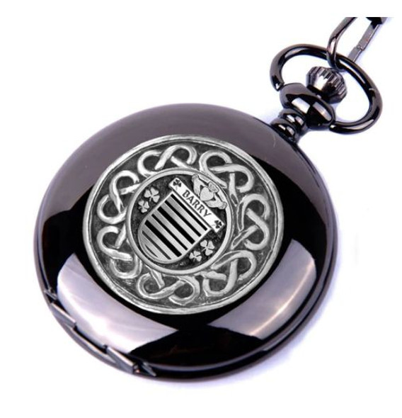 Barry Irish Coat Of Arms Silver Family Crest Black Hunter Pocket Watch