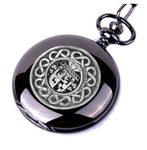 Sullivan Irish Coat Of Arms Silver Family Crest Black Hunter Pocket Watch