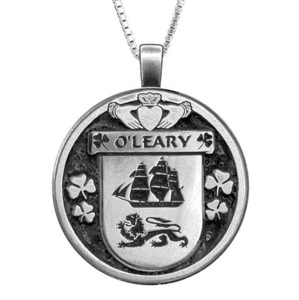 OLeary Irish Coat Of Arms Claddagh Round Silver Family Crest Pendant