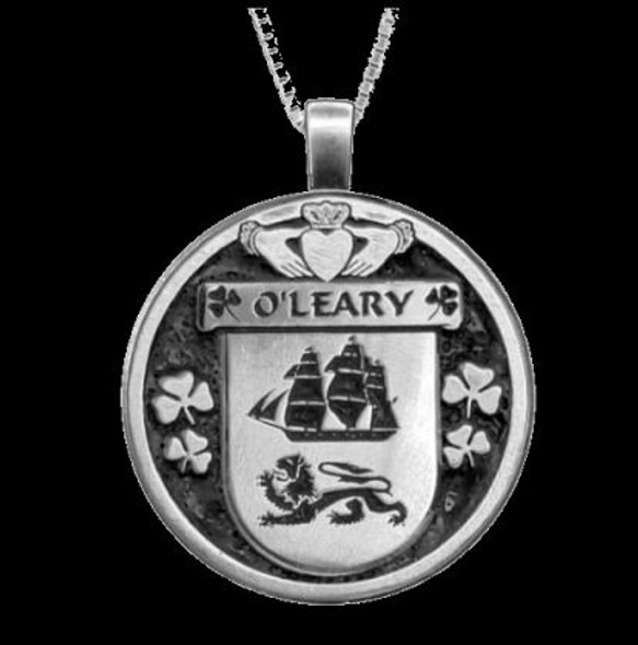 OLeary Irish Coat Of Arms Claddagh Round Silver Family Crest Pendant