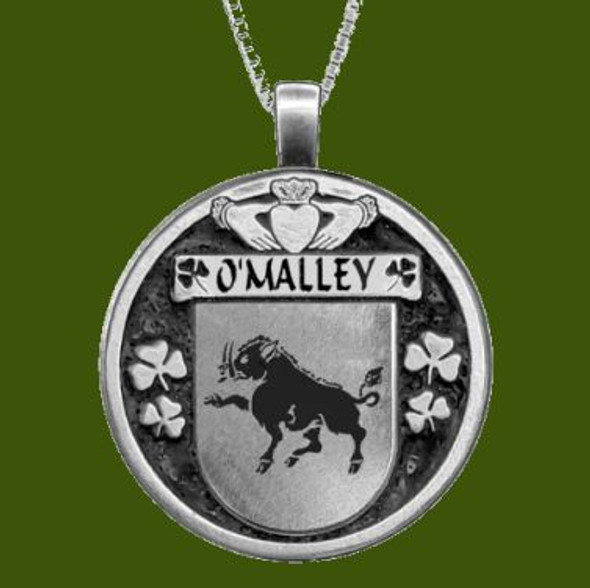 OMalley Irish Coat Of Arms Claddagh Round Pewter Family Crest Pendant