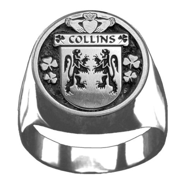 Collins Irish Coat Of Arms Family Crest Mens Sterling Silver Ring