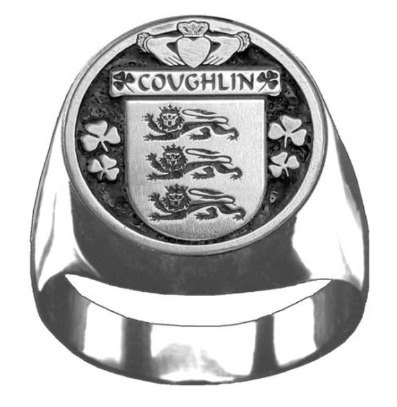 Coughlin Irish Coat Of Arms Family Crest Mens Sterling Silver Ring