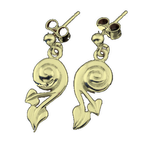 Glasgow Girls Art Nouveau Swirl Leaf Motif Drop 9K Yellow Gold Earrings