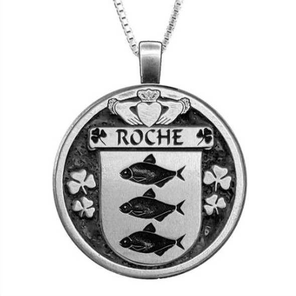 Roche Irish Coat Of Arms Claddagh Round Silver Family Crest Pendant