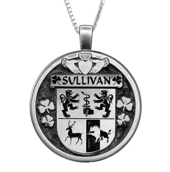 Sullivan Irish Coat Of Arms Claddagh Round Pewter Family Crest Pendant