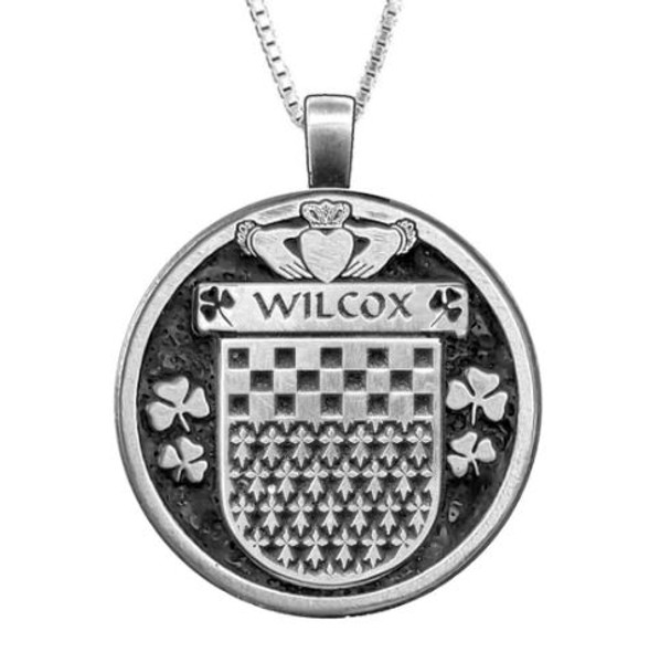 Wilcox Irish Coat Of Arms Claddagh Round Pewter Family Crest Pendant