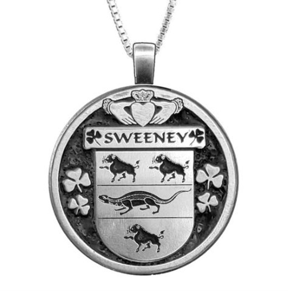 Sweeney Irish Coat Of Arms Claddagh Round Silver Family Crest Pendant