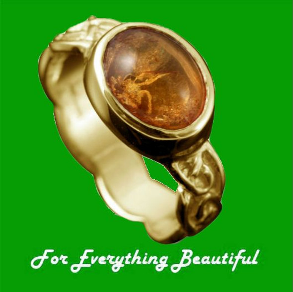 Muckle Roe Celtic Knot Oval Amber Ladies 9K Yellow Gold Band Ring Sizes A-Q