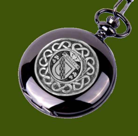 Quigley Irish Coat Of Arms Pewter Family Crest Black Hunter Pocket Watch