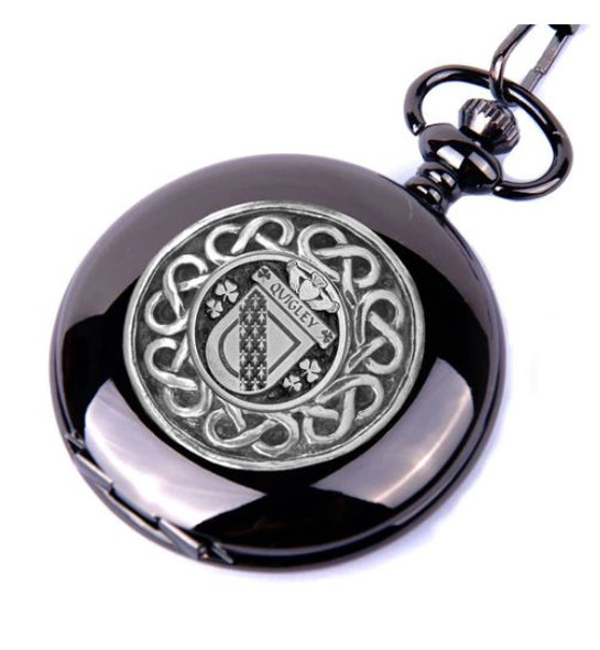 Quigley Irish Coat Of Arms Silver Family Crest Black Hunter Pocket Watch