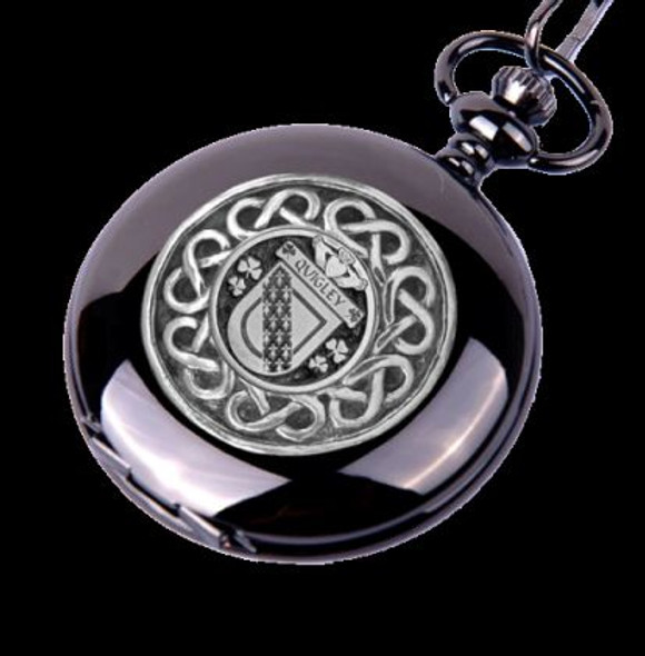 Quigley Irish Coat Of Arms Silver Family Crest Black Hunter Pocket Watch