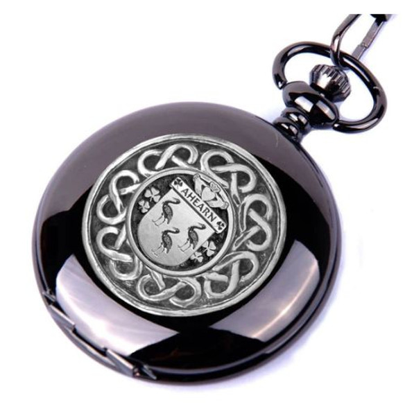 Ahearn Irish Coat Of Arms Silver Family Crest Black Hunter Pocket Watch