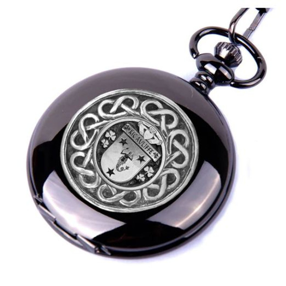 McAuliffe Irish Coat Of Arms Pewter Family Crest Black Hunter Pocket Watch