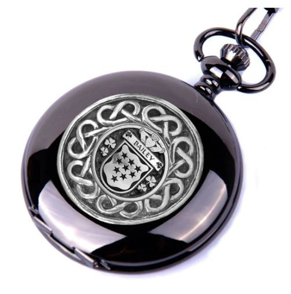 Bailey Irish Coat Of Arms Pewter Family Crest Black Hunter Pocket Watch