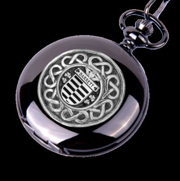 Barrett Irish Coat Of Arms Silver Family Crest Black Hunter Pocket Watch