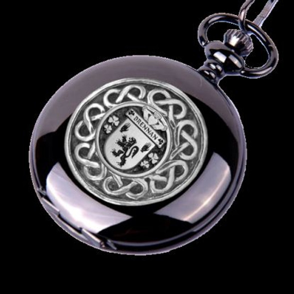 Brennan Irish Coat Of Arms Silver Family Crest Black Hunter Pocket Watch