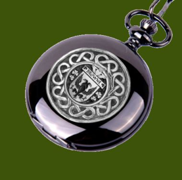 Browne Irish Coat Of Arms Pewter Family Crest Black Hunter Pocket Watch