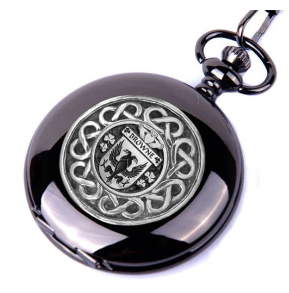 Browne Irish Coat Of Arms Pewter Family Crest Black Hunter Pocket Watch