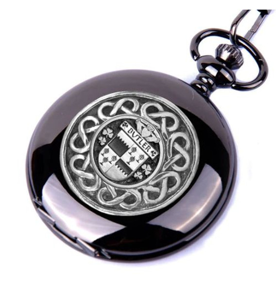 Butler Irish Coat Of Arms Silver Family Crest Black Hunter Pocket Watch