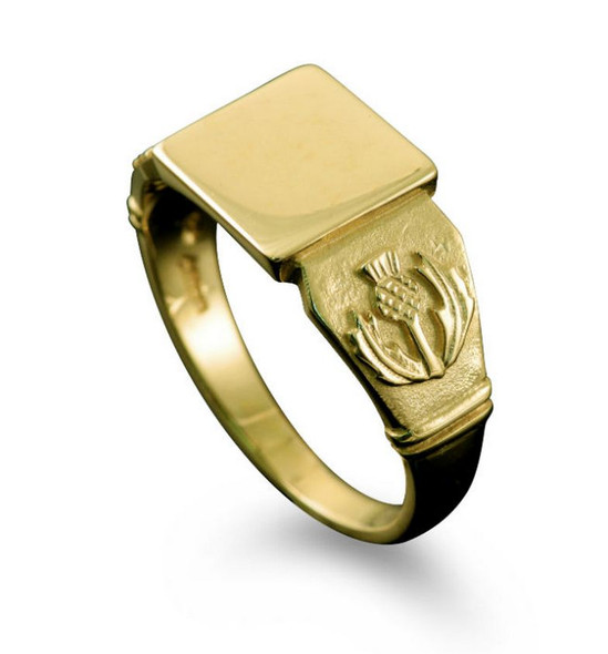 Scotland Thistle Emblem Small Signet Mens 9K Yellow Gold Ring Sizes R-Z