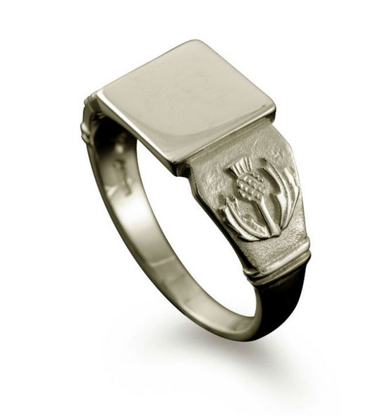 Scotland Thistle Emblem Small Signet Mens 9K White Gold Ring Sizes R-Z