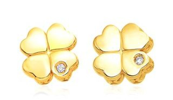 Four Leaf Clover Diamond Small 14K Yellow Gold Stud Earrings 