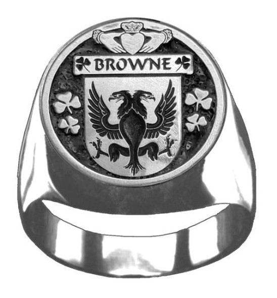 Browne Irish Coat Of Arms Family Crest Mens Sterling Silver Ring