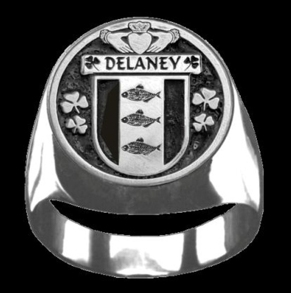 Delaney Irish Coat Of Arms Family Crest Mens Sterling Silver Ring