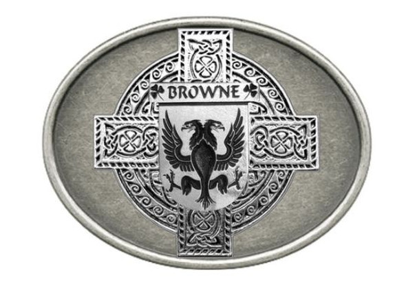 Browne Irish Coat of Arms Oval Antiqued Mens Sterling Silver Belt Buckle