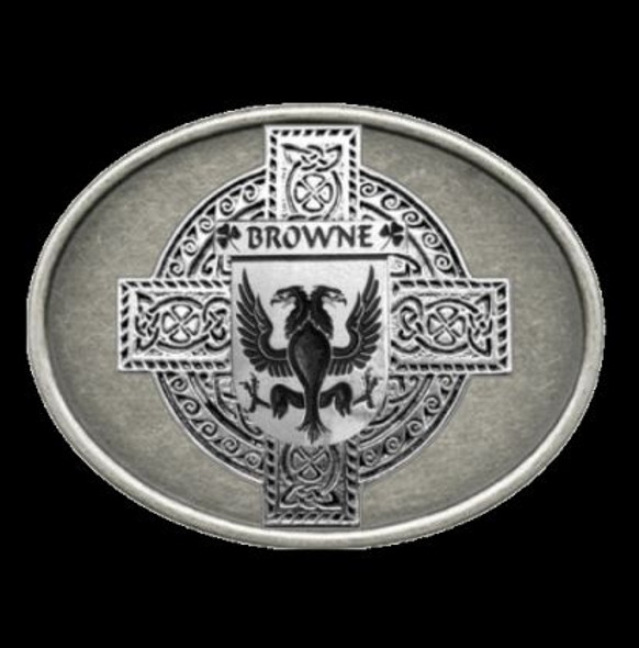 Browne Irish Coat of Arms Oval Antiqued Mens Sterling Silver Belt Buckle