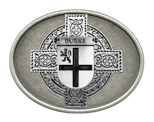Burke Irish Coat of Arms Oval Antiqued Mens Sterling Silver Belt Buckle