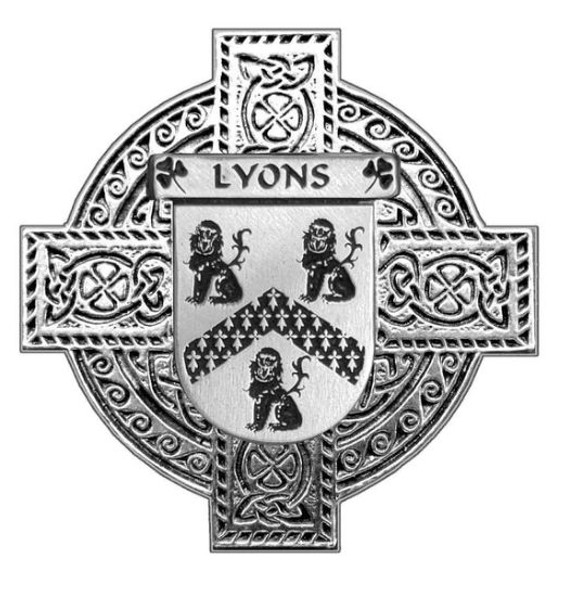 Lyons Irish Coat Of Arms Celtic Cross Stylish Pewter Family Crest Badge 