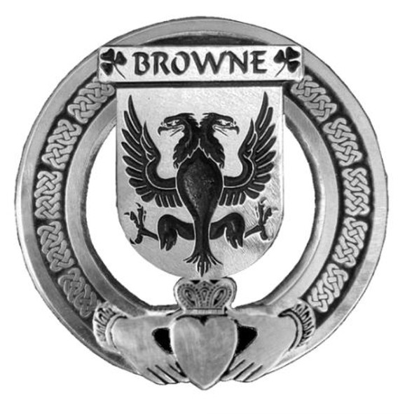 Browne Irish Coat Of Arms Claddagh Sterling Silver Family Crest Badge 