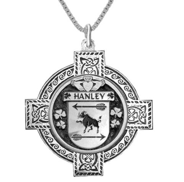 Hanley Irish Coat Of Arms Celtic Cross Pewter Family Crest Pendant