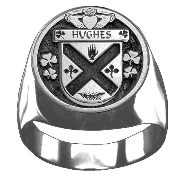 Hughes Irish Coat Of Arms Family Crest Mens Sterling Silver Ring