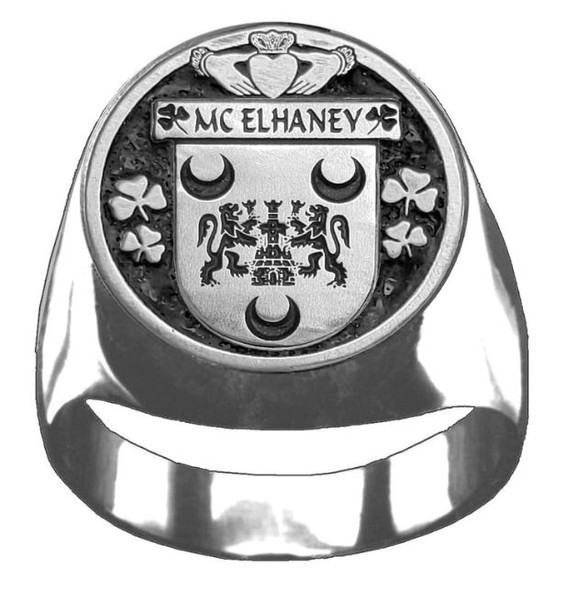 McElhaney Irish Coat Of Arms Family Crest Mens Sterling Silver Ring