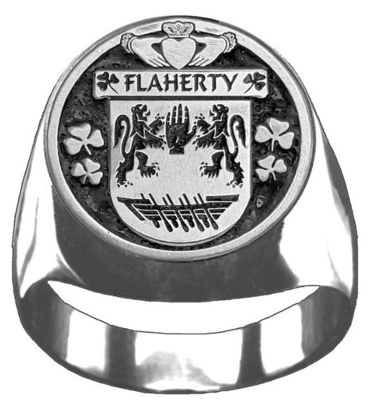 Flaherty Irish Coat Of Arms Family Crest Mens Sterling Silver Ring