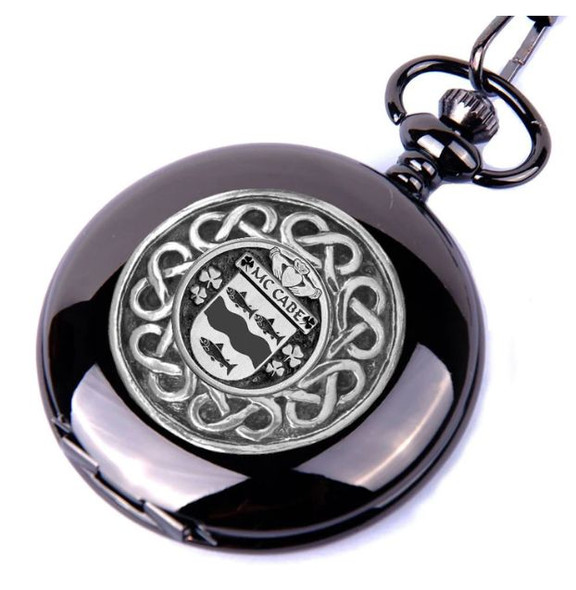 McCabe Irish Coat Of Arms Pewter Family Crest Black Hunter Pocket Watch