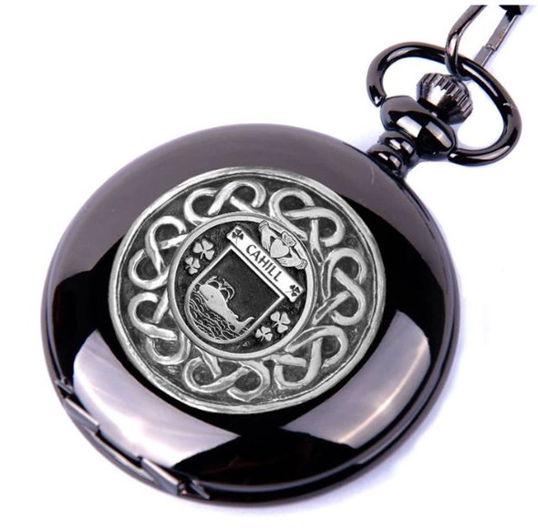 Cahill Irish Coat Of Arms Pewter Family Crest Black Hunter Pocket Watch